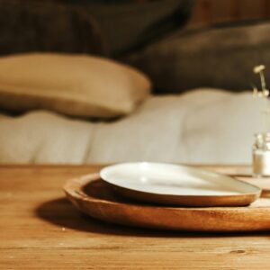 Decorative plates on a wooden table