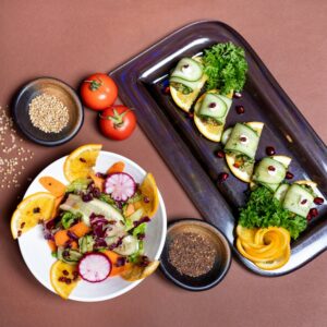 Serving platter with food, top view