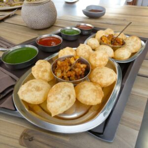 Serving tray with dips and food