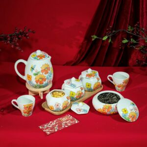 Tea set with cups on a table